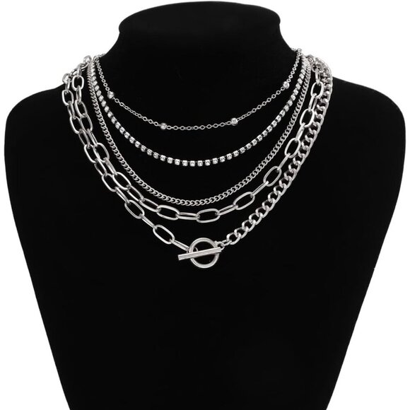 🆕 Women Silver Toggle Clasp Necklace Chunky Punk Layered Choker Simple Jewelry - Picture 3 of 5